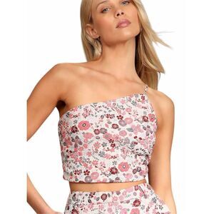 LULU’S Bloom Into Spring Blush Floral Jacquard One-Shoulder Crop Top Small